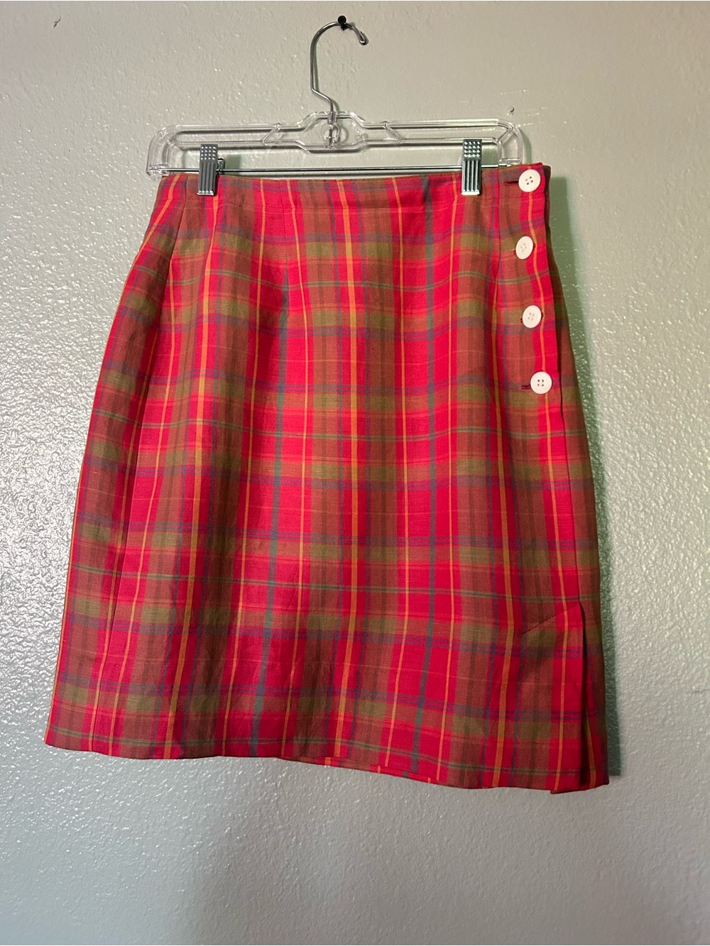 Gap Plaid Linen Blend Wrap Medi Skirt Side Button Vibrant Pink - Size 10